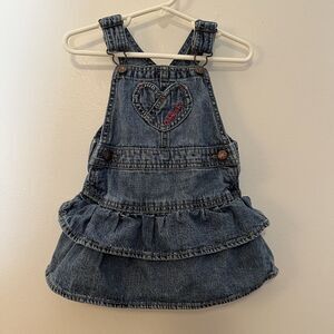 Vintage OshKosh Denim Ruffle Overall dress 24mo Jumper Adjustable Shoulder Strap